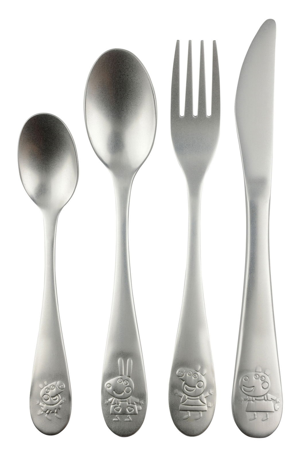 4-teiliges Edelstahlbesteckset mit kindgerechten Motiven, bestehend aus Löffel, Gabel, Messer und Teelöffel, aus der Vogelperspektive fotografiert.