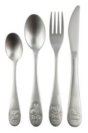 4-teiliges Edelstahlbesteckset mit kindgerechten Motiven, bestehend aus Löffel, Gabel, Messer und Teelöffel, aus der Vogelperspektive fotografiert.