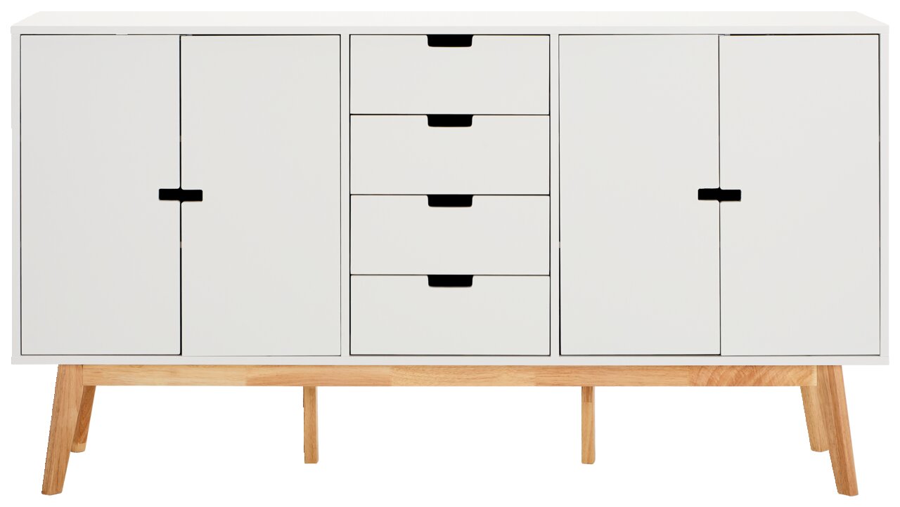 Weißes Sideboard mit vier Schubladen in der Mitte und zwei Türen auf beiden Seiten, auf Holzbeinen stehend, Frontalansicht.