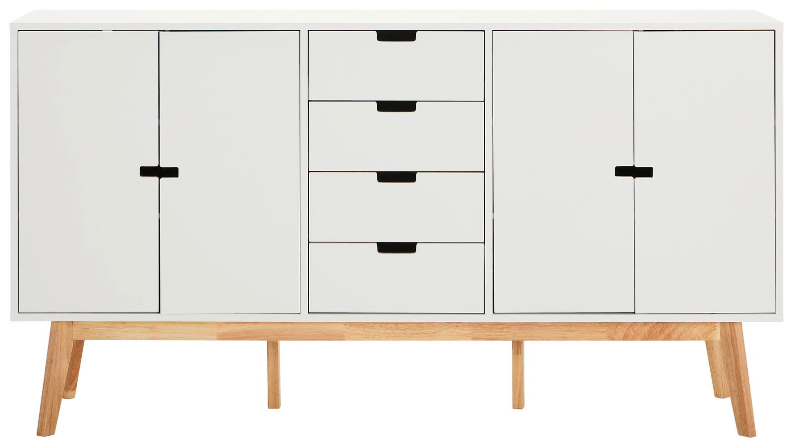Weißes Sideboard mit vier Schubladen in der Mitte und zwei Türen auf beiden Seiten, auf Holzbeinen stehend, Frontalansicht.