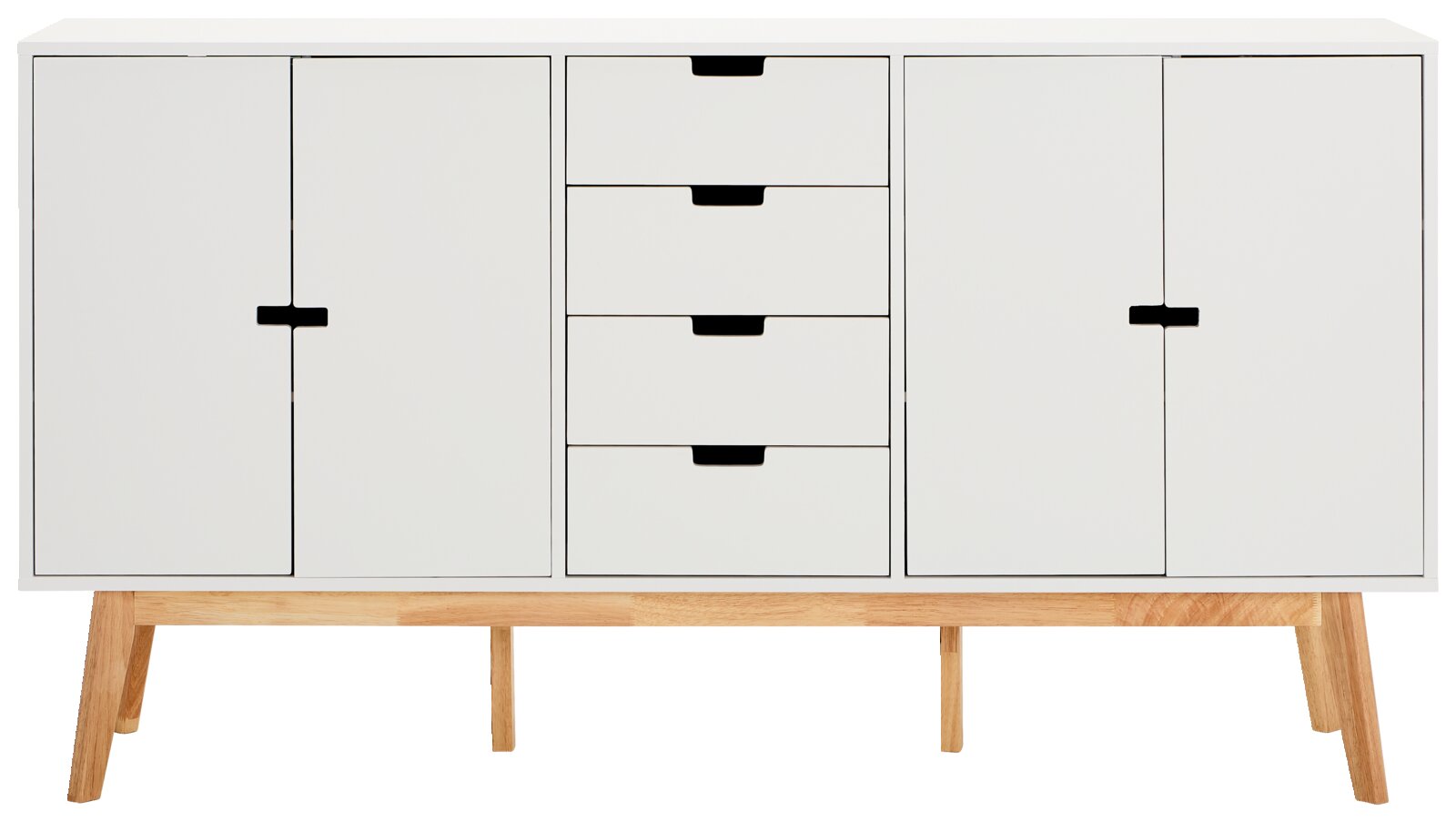 Weißes Sideboard mit vier Schubladen in der Mitte und zwei Türen auf beiden Seiten, auf Holzbeinen stehend, Frontalansicht.