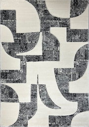 Abstraktes geometrisches Muster in Schwarz und Weiß mit ineinandergreifenden, gebogenen Formen und texturierter Schraffur, frontal von oben aufgenommen.