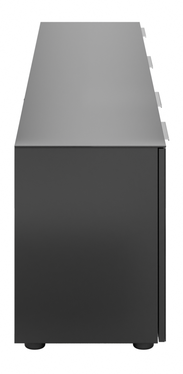 Seitenansicht eines modernen, schwarzen XL-TV-Lowboards mit klaren Linien und minimalistischen Design.