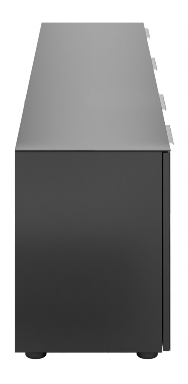 Zijaanzicht van een modern, zwart XL-tv-onderkastje met strakke lijnen en een minimalistisch ontwerp.