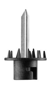 Nahaufnahme eines schwarzen Kunststoffteils mit einem silbernen, spitzen Metallstift in der Mitte, frontal betrachtet.