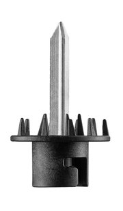 Nahaufnahme eines schwarzen Kunststoffteils mit einem silbernen, spitzen Metallstift in der Mitte, frontal betrachtet.