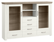 Helles Highboard mit zwei Glastüren, vier Schubladen und offenen Regalfächern, Frontalansicht