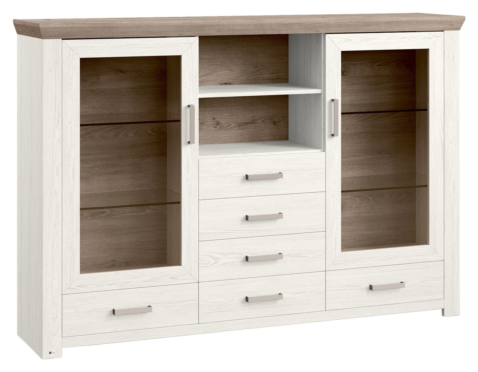 Helles Highboard mit zwei Glastüren, vier Schubladen und offenen Regalfächern, Frontalansicht