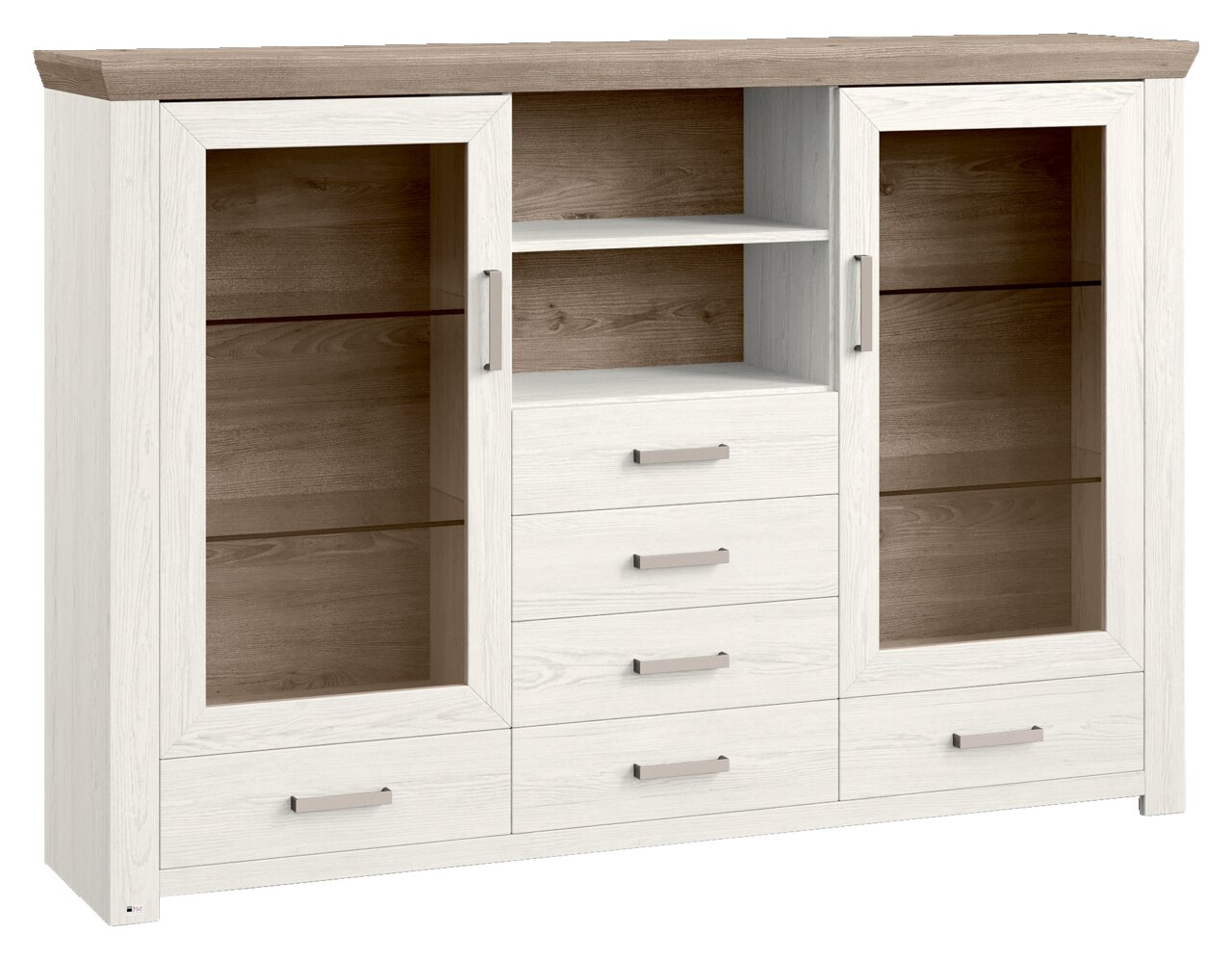 Set one by Musterring Highboard SET ONE YORK Helles Highboard mit zwei Glastüren, vier Schubladen und offenen Regalfächern, Frontalansicht