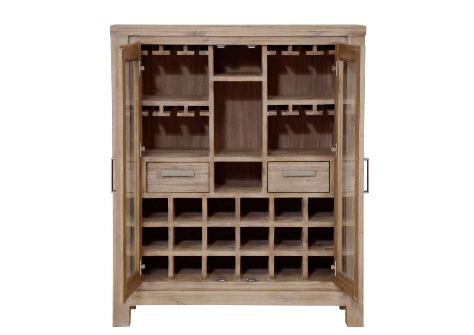 Landscape Highboard TUNIS Frontale Ansicht eines Highboards aus Holz mit offenen Glastüren, mehreren Fächern und Schubladen zur Aufbewahrung von Flaschen und Gläsern.