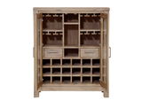 Frontale Ansicht eines Highboards aus Holz mit offenen Glastüren, mehreren Fächern und Schubladen zur Aufbewahrung von Flaschen und Gläsern.