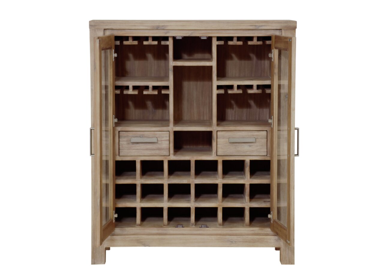 Frontale Ansicht eines Highboards aus Holz mit offenen Glastüren, mehreren Fächern und Schubladen zur Aufbewahrung von Flaschen und Gläsern.