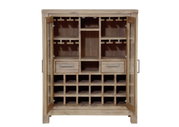 Frontale Ansicht eines Highboards aus Holz mit offenen Glastüren, mehreren Fächern und Schubladen zur Aufbewahrung von Flaschen und Gläsern.