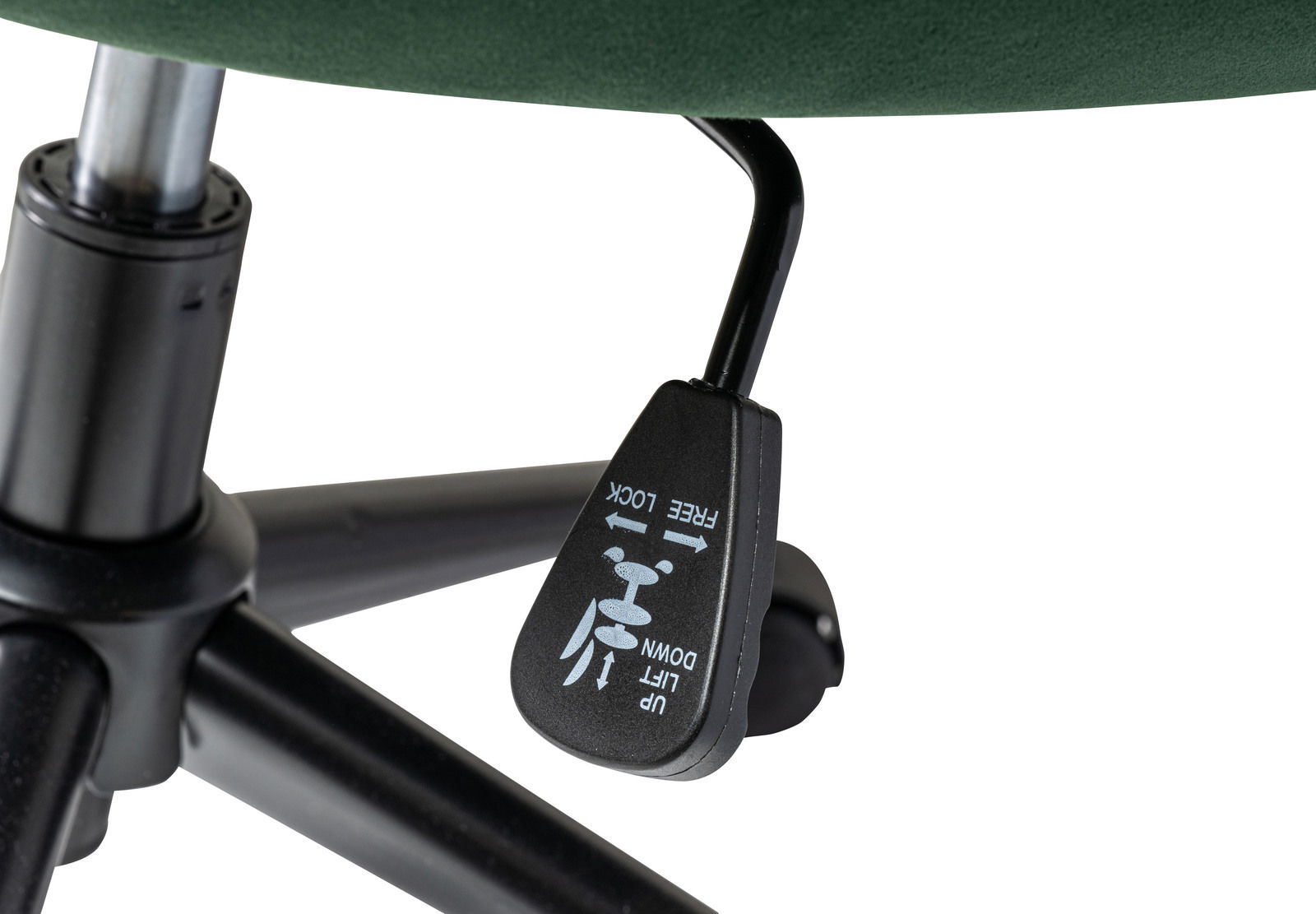 Nahaufnahme eines Drehstuhls mit grünem Sitzbezug und schwarzem Hebel zur Höhenverstellung, seitliche Perspektive.
