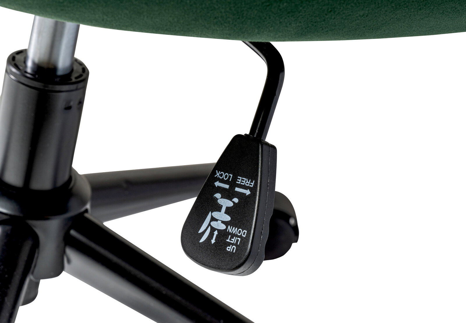 Nahaufnahme eines Drehstuhls mit grünem Sitzbezug und schwarzem Hebel zur Höhenverstellung, seitliche Perspektive.