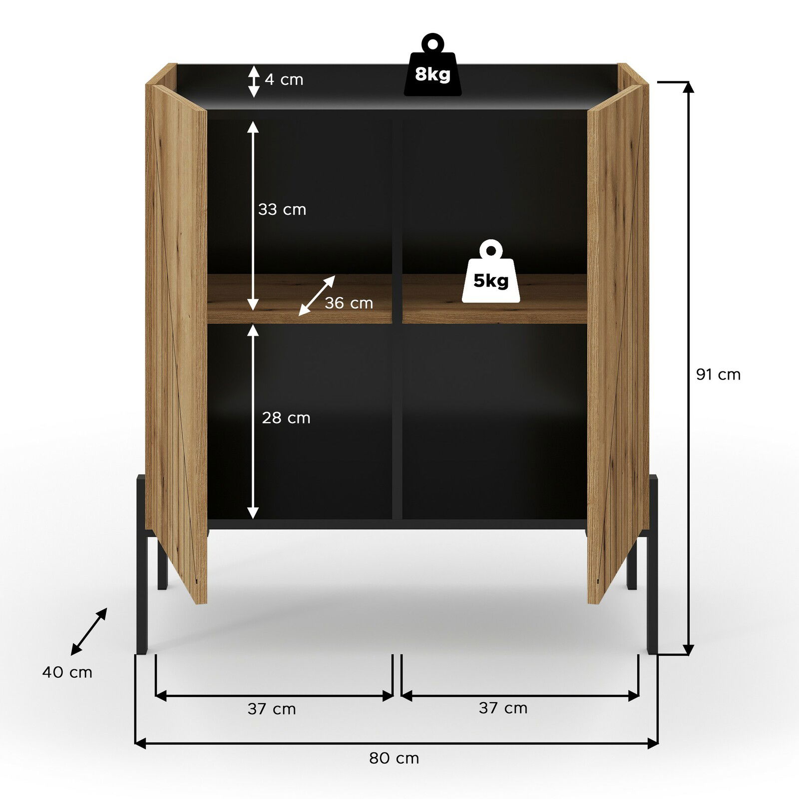 Kommode mit Holzoptik und schwarzen Fächern, Frontansicht, Maße: 80 cm Breite, 91 cm Höhe, 40 cm Tiefe