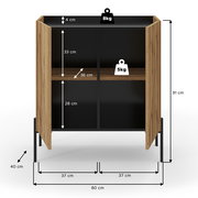 Kommode mit Holzoptik und schwarzen Fächern, Frontansicht, Maße: 80 cm Breite, 91 cm Höhe, 40 cm Tiefe