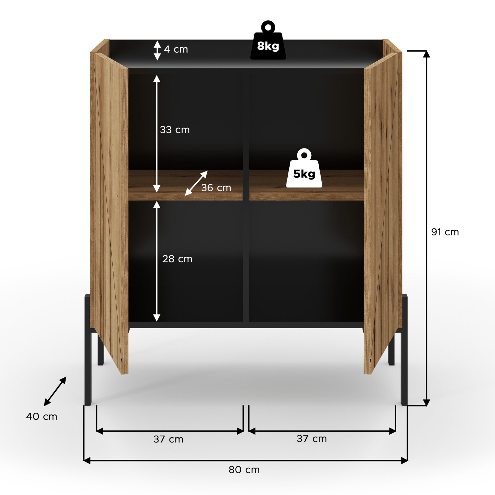Kommode mit Holzoptik und schwarzen Fächern, Frontansicht, Maße: 80 cm Breite, 91 cm Höhe, 40 cm Tiefe
