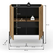 Kommode mit Holzoptik und schwarzen Fächern, Frontansicht, Maße: 80 cm Breite, 91 cm Höhe, 40 cm Tiefe