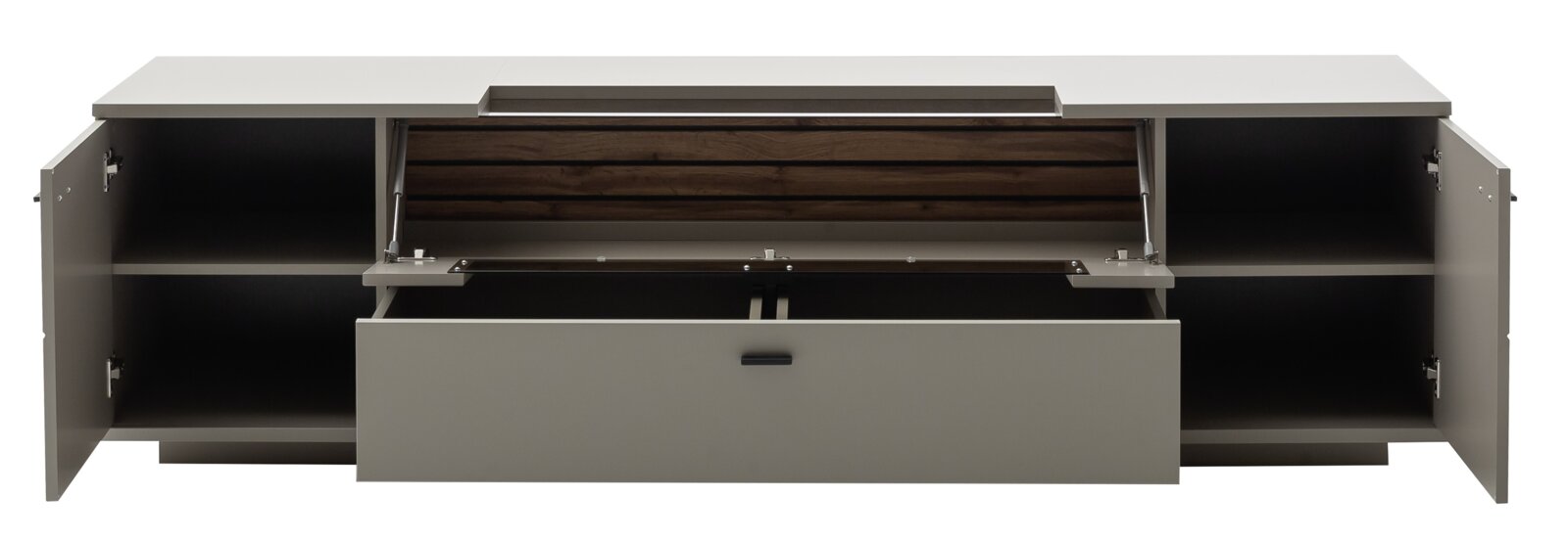 Modernes graues Sideboard/TV-Lowboard mit geöffneten Türen und ausgeklappter Klappe, sichtbarem Holzrückwand-Detail und mittlerer Schublade, frontale Ansicht.