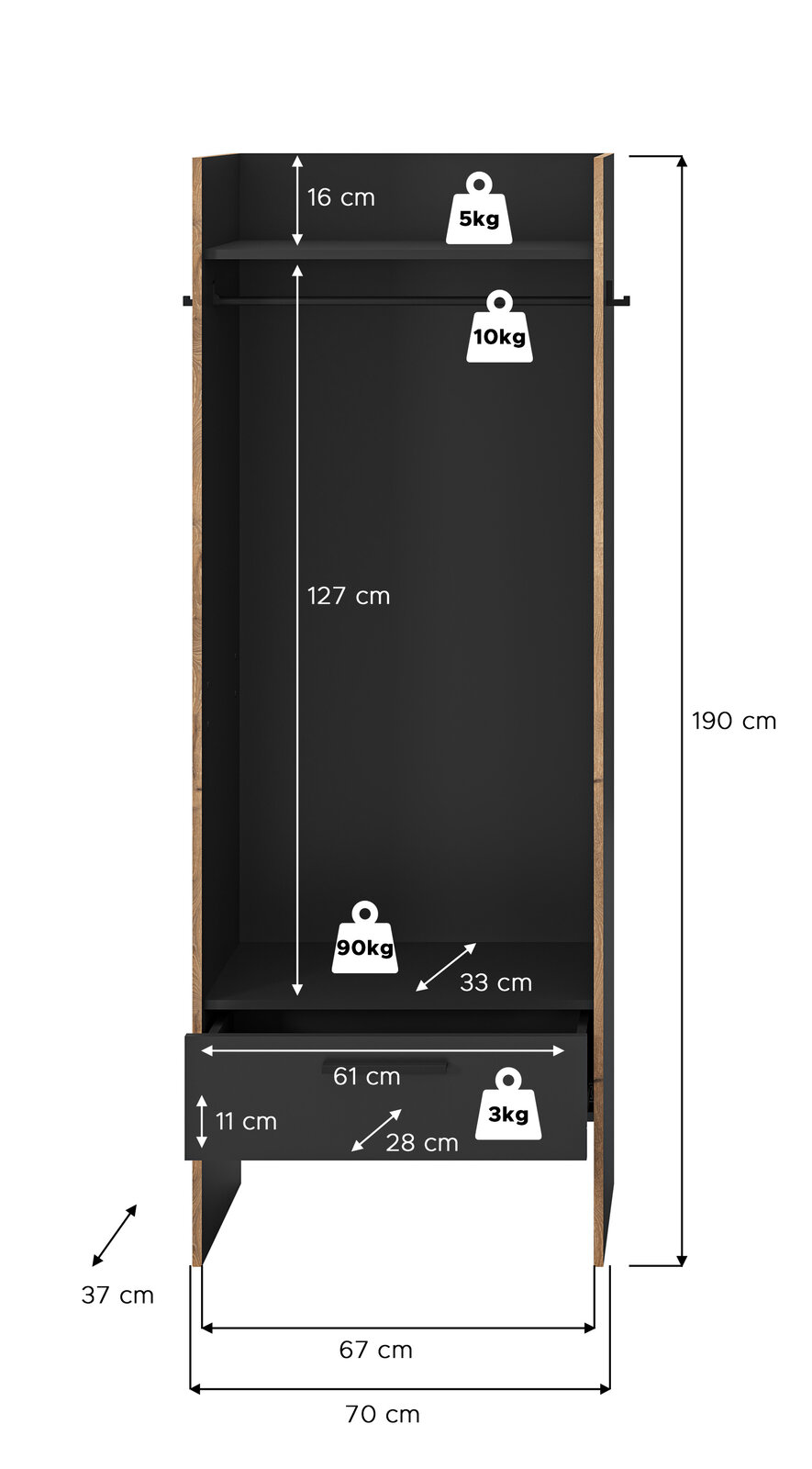 Offener Kleiderschrank in Schwarz mit Holzseiten, Kleiderstange, oberem Fach und Schublade, mit Maßangaben (H 190 cm, B 70 cm, T 37 cm) und Belastungsangaben; Frontansicht.