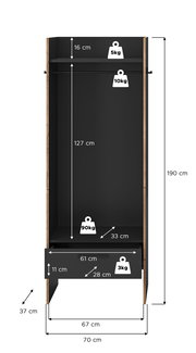 Offener Kleiderschrank in Schwarz mit Holzseiten, Kleiderstange, oberem Fach und Schublade, mit Maßangaben (H 190 cm, B 70 cm, T 37 cm) und Belastungsangaben; Frontansicht.