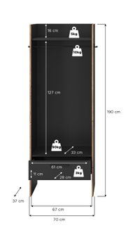 Offener Kleiderschrank in Schwarz mit Holzseiten, Kleiderstange, oberem Fach und Schublade, mit Maßangaben (H 190 cm, B 70 cm, T 37 cm) und Belastungsangaben; Frontansicht.