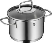 Edelstahlkochtopf mit Deckel und zwei Griffen, seitliche Perspektive