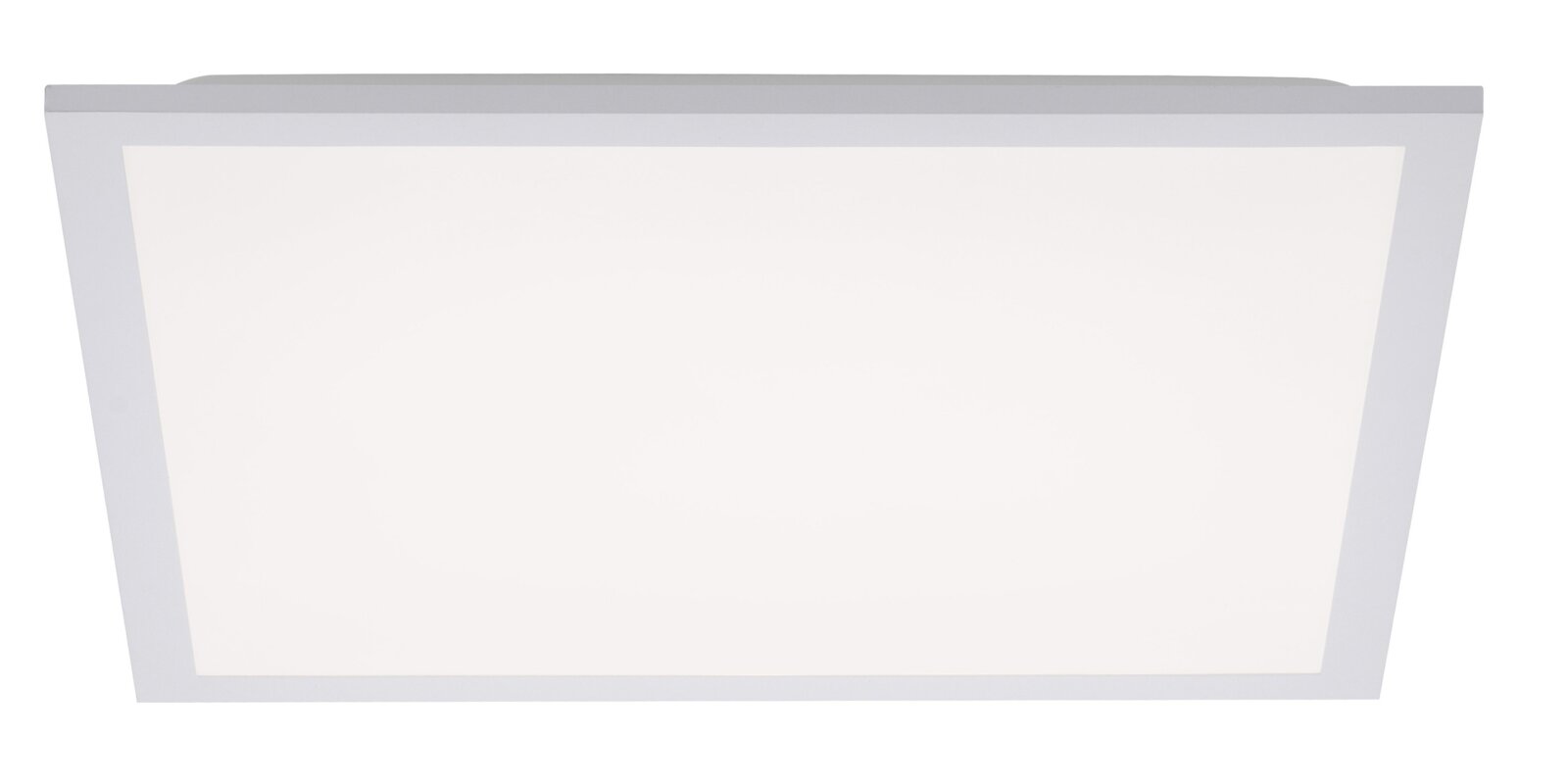 Rechteckige LED-Deckenleuchte mit weißem Rahmen und großer diffuser Lichtfläche, frontal von unten auf weißem Hintergrund dargestellt