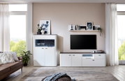 Modernes Wohnzimmer mit TV-Unterteil in Weiß, dekoriert mit Pflanzen und Kunstwerken, seitliche Perspektive.