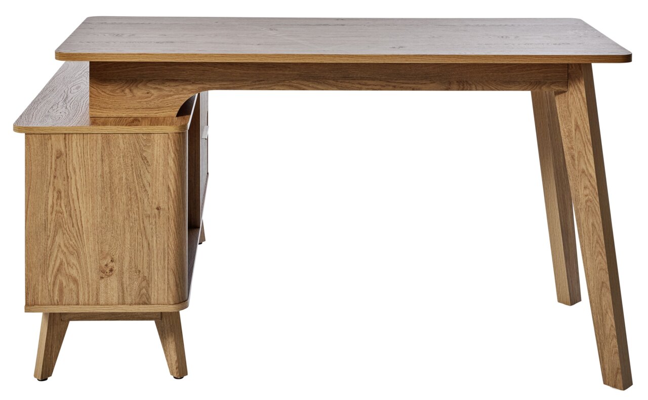 Eck-Schreibtisch aus Holz in Frontansicht mit L-förmigem Design und natürlicher Holzmaserung.