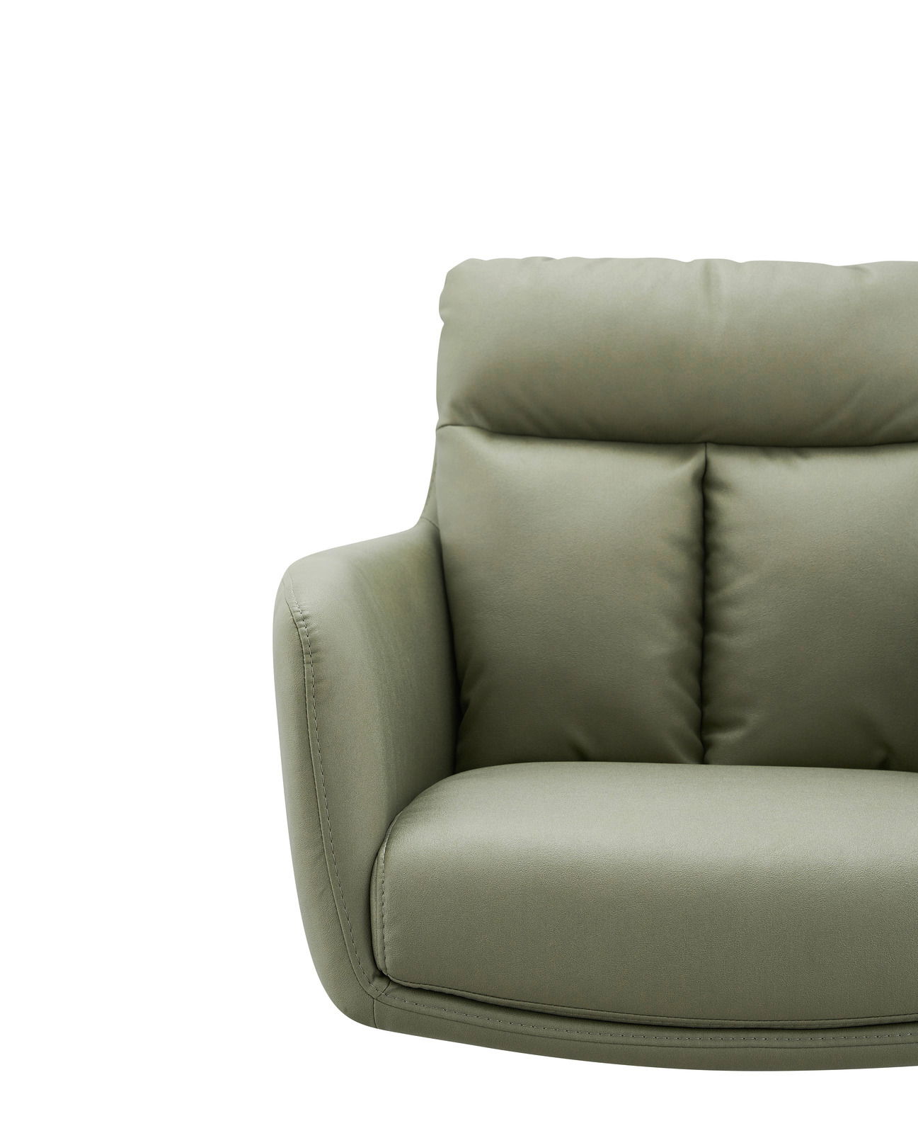 Grüner Armlehnstuhl aus der Vorderansicht, zeigt die linke Seite mit weichen Polstern und modernem Design.