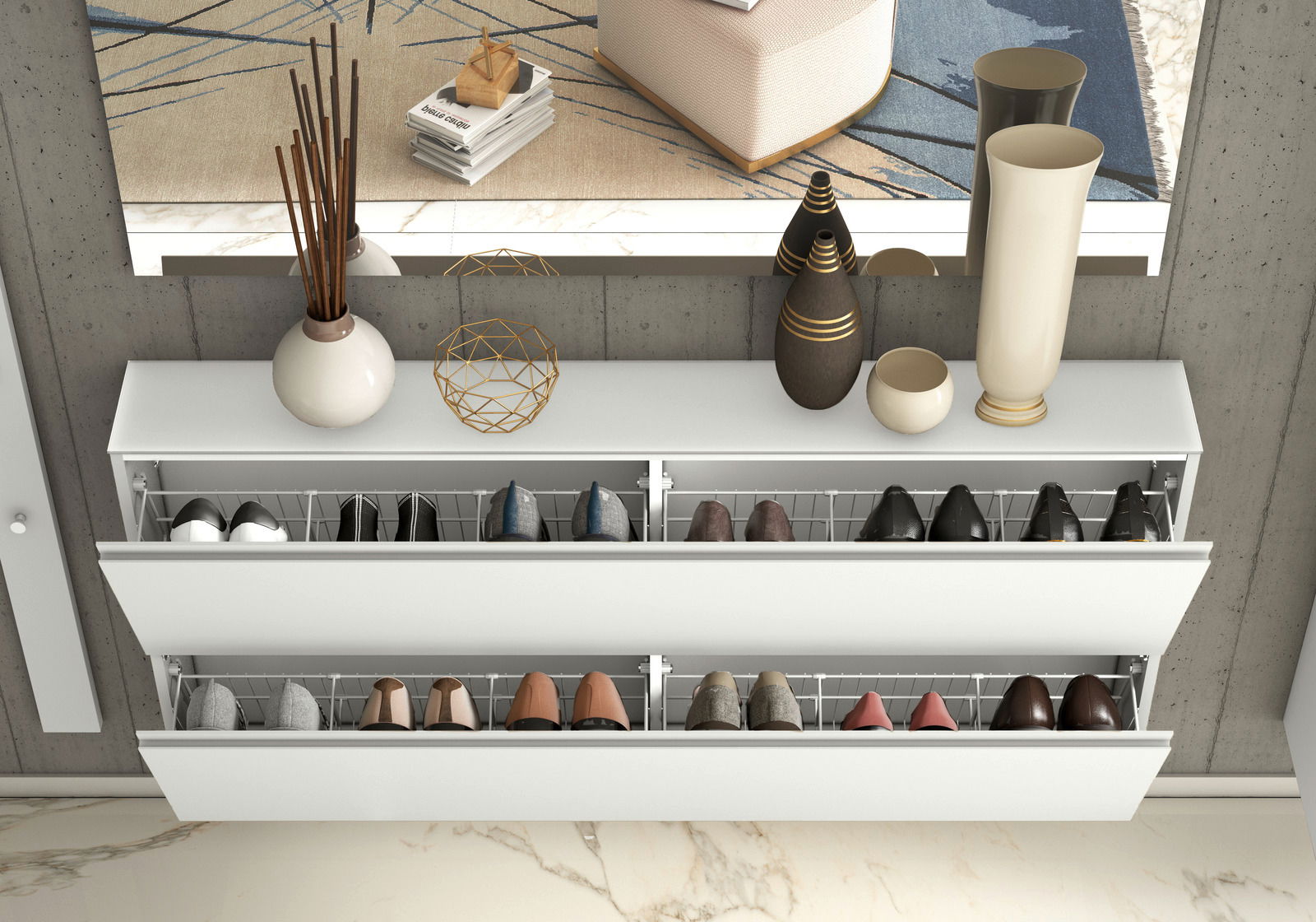 Moderner XL-Hängeschuhschrank mit zwei ausklappbaren Fächern, gefüllt mit Schuhen, aus der Vogelperspektive betrachtet. Dekorative Vasen und Objekte auf der Oberseite.