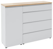 Weiße Kombi-Kommode mit vier Schubladen und einer Tür, Holzoberfläche, seitliche Perspektive