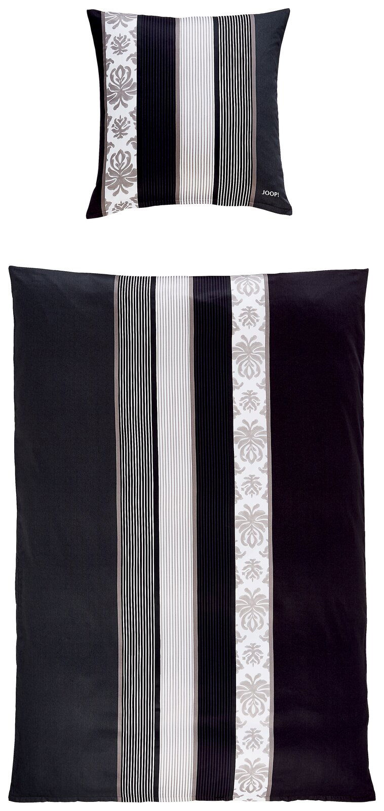 Bettwäsche-Set mit Kissenbezug und Deckenbezug in Schwarz-Weiß mit Streifen- und Blumenmuster, von oben betrachtet.