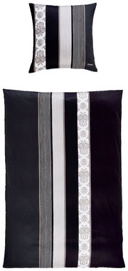 Bettwäsche-Set mit Kissenbezug und Deckenbezug in Schwarz-Weiß mit Streifen- und Blumenmuster, von oben betrachtet.