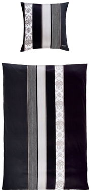 Bettwäsche-Set mit Kissenbezug und Deckenbezug in Schwarz-Weiß mit Streifen- und Blumenmuster, von oben betrachtet.