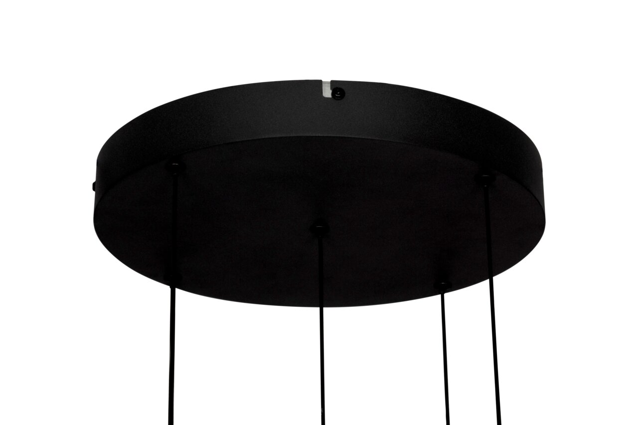 Schwarze LED-Hängeleuchte von unten betrachtet mit mehreren Kabeln.