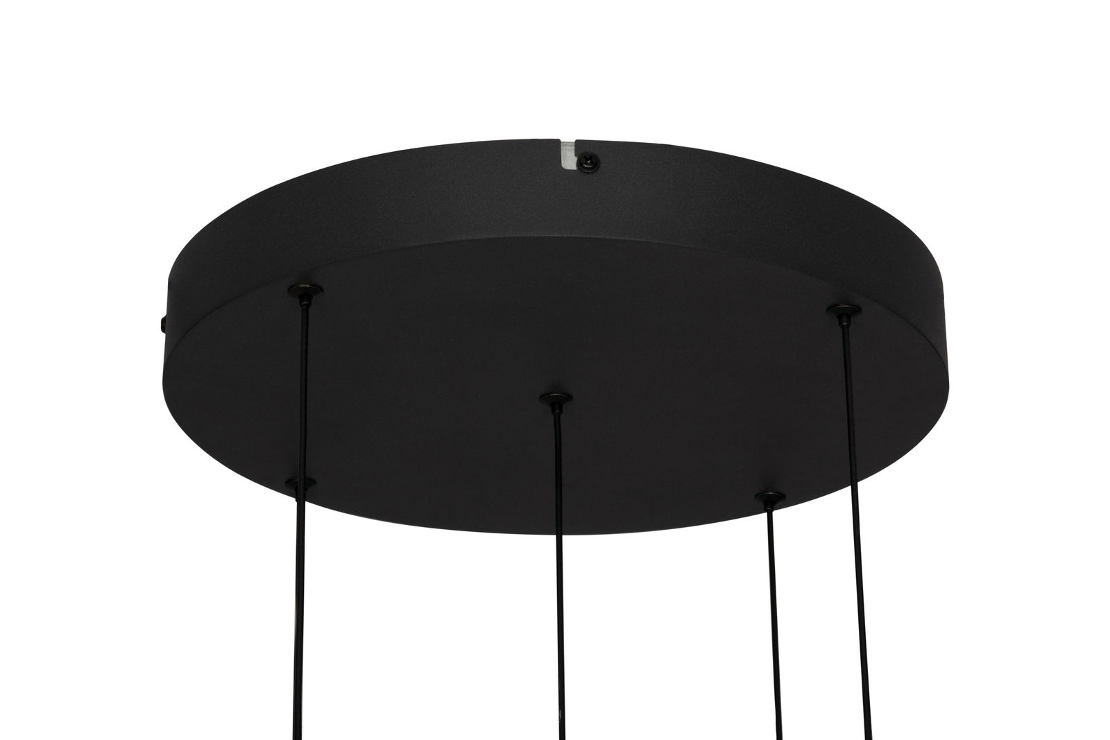 Schwarze LED-Hängeleuchte von unten betrachtet mit mehreren Kabeln.