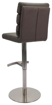 Rückansicht eines modernen Barhockers mit gepolsterter Rückenlehne und verstellbarem Metallgestell.