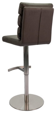 Rückansicht eines modernen Barhockers mit gepolsterter Rückenlehne und verstellbarem Metallgestell.