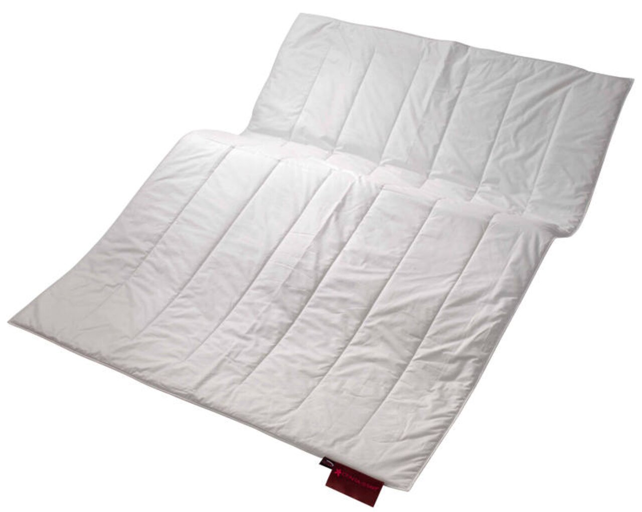 Luftaufnahme eines weißen, ultraleichten Bettes mit gestepptem Design, Größe 135x200 cm.