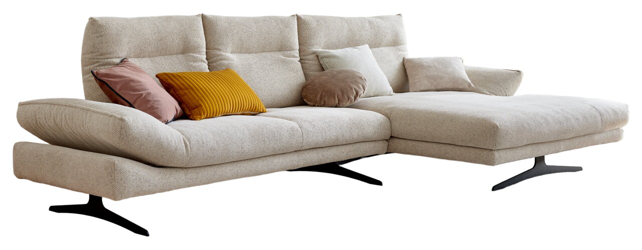 Beige Longchairkombination von Musterring mit mehreren Kissen in verschiedenen Farben, seitliche Perspektive.