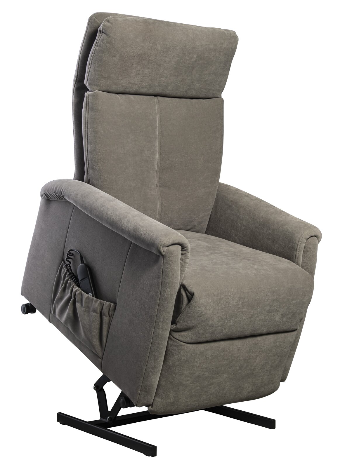Grauer Fernsehsessel mit Hebefunktion, seitliche Perspektive