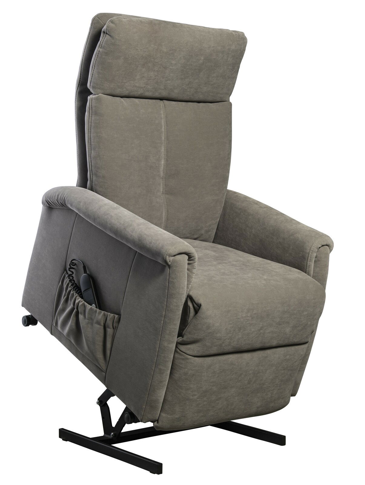 Grauer Fernsehsessel mit Hebefunktion, seitliche Perspektive