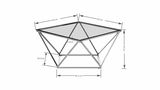 Moderner Beistelltisch mit Glasplatte und geometrischem Metallgestell, seitliche Perspektive