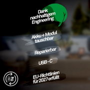 Marketinggrafik in Frontansicht mit grünem Blatt-Icon und Text „Dank nachhaltigem Engineering“, „Akku + Modul tauschbar“, „Reparierbar“, „USB-C“ sowie „EU-Richtlinien für 2027 erfüllt“ auf dunklem Hintergrund.