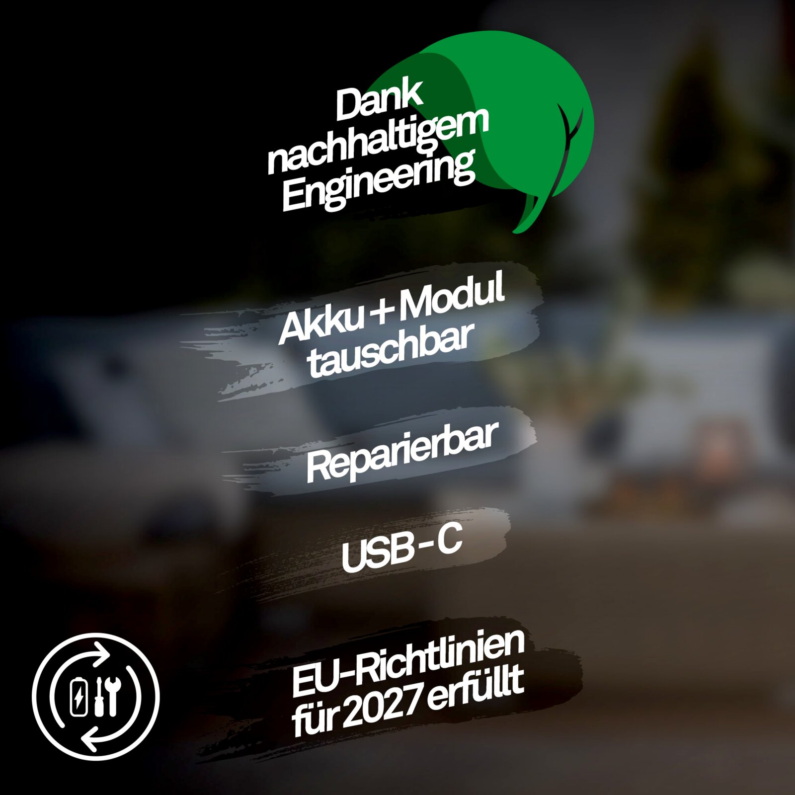 Marketinggrafik in Frontansicht mit grünem Blatt-Icon und Text „Dank nachhaltigem Engineering“, „Akku + Modul tauschbar“, „Reparierbar“, „USB-C“ sowie „EU-Richtlinien für 2027 erfüllt“ auf dunklem Hintergrund.
