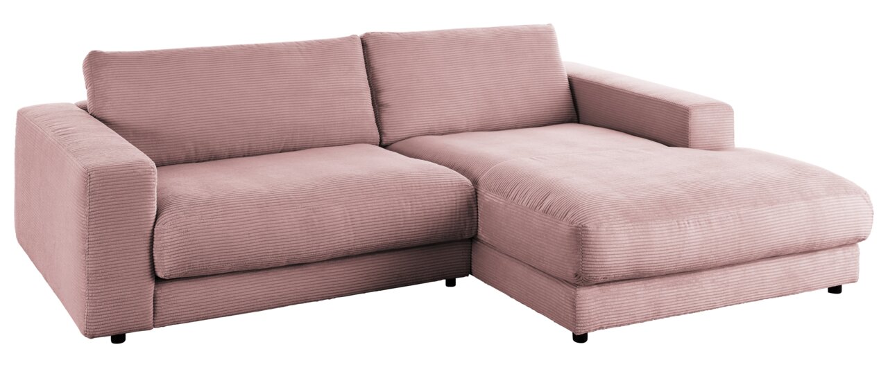 Roze longchair-set van corduroy, gefotografeerd vanuit perspectief rechts van voren