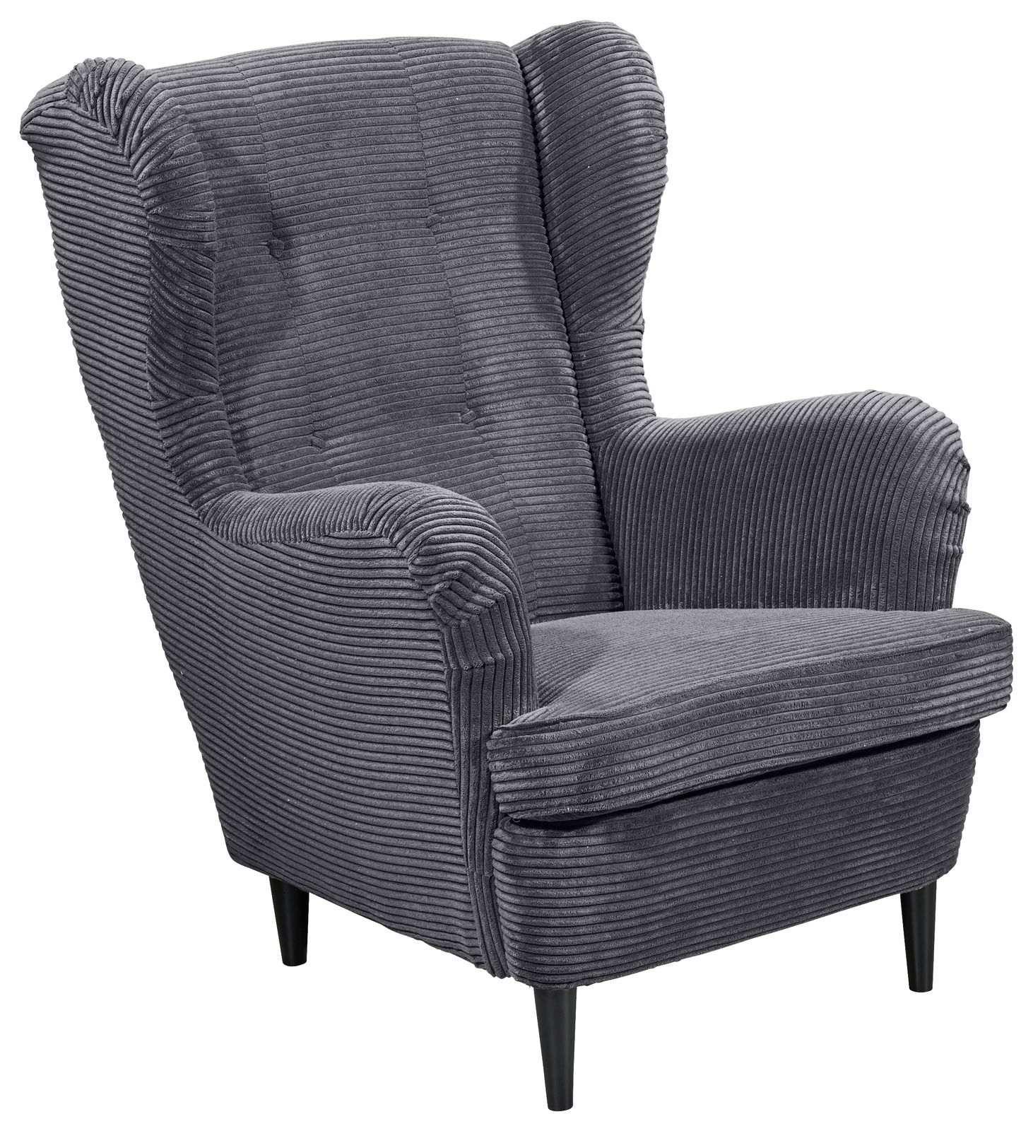 Grauer Ohrensessel mit geripptem Stoffbezug, Vorderansicht